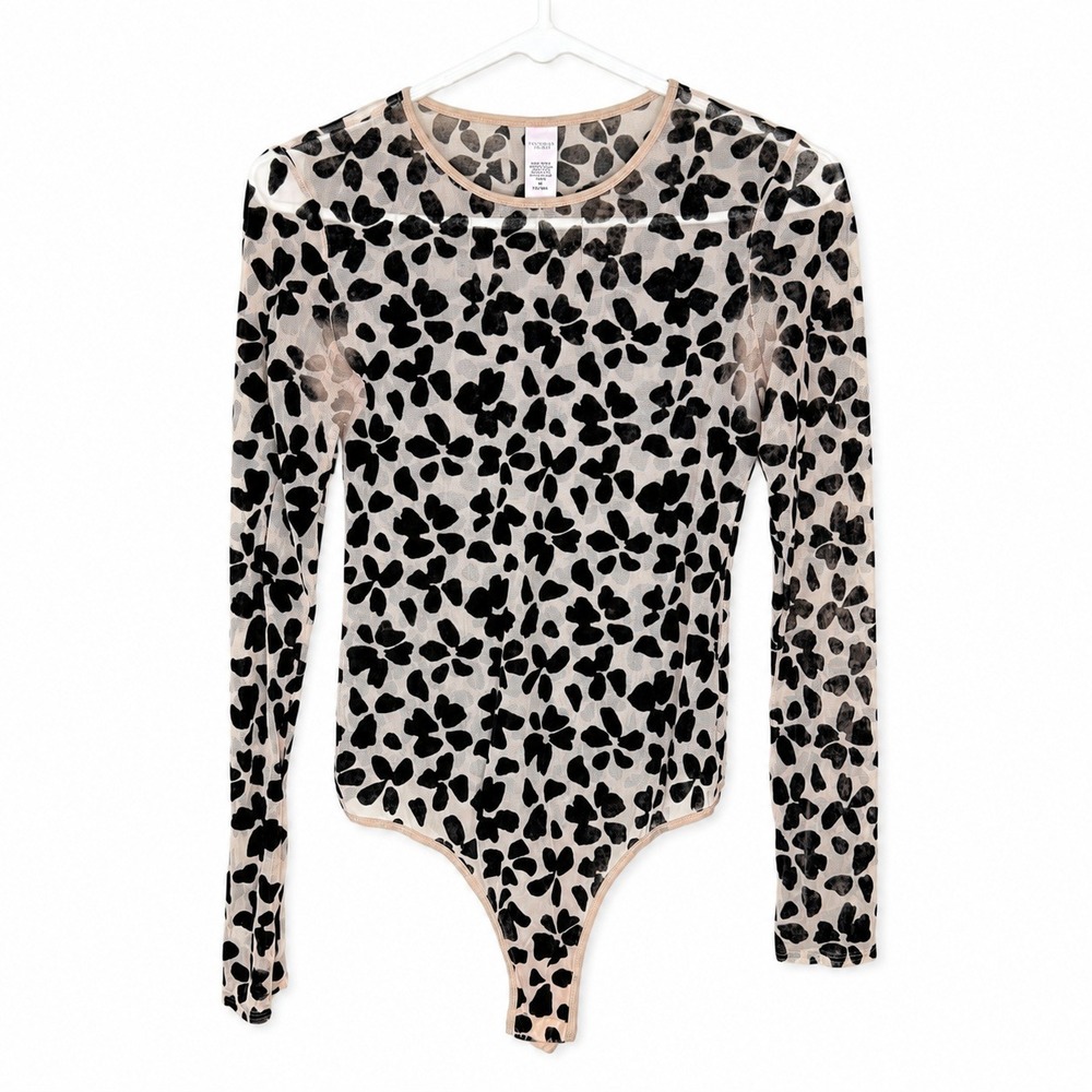 Victoria's Secret Sheer Mesh Floral Bodysuit Black Beige Long Sleeve